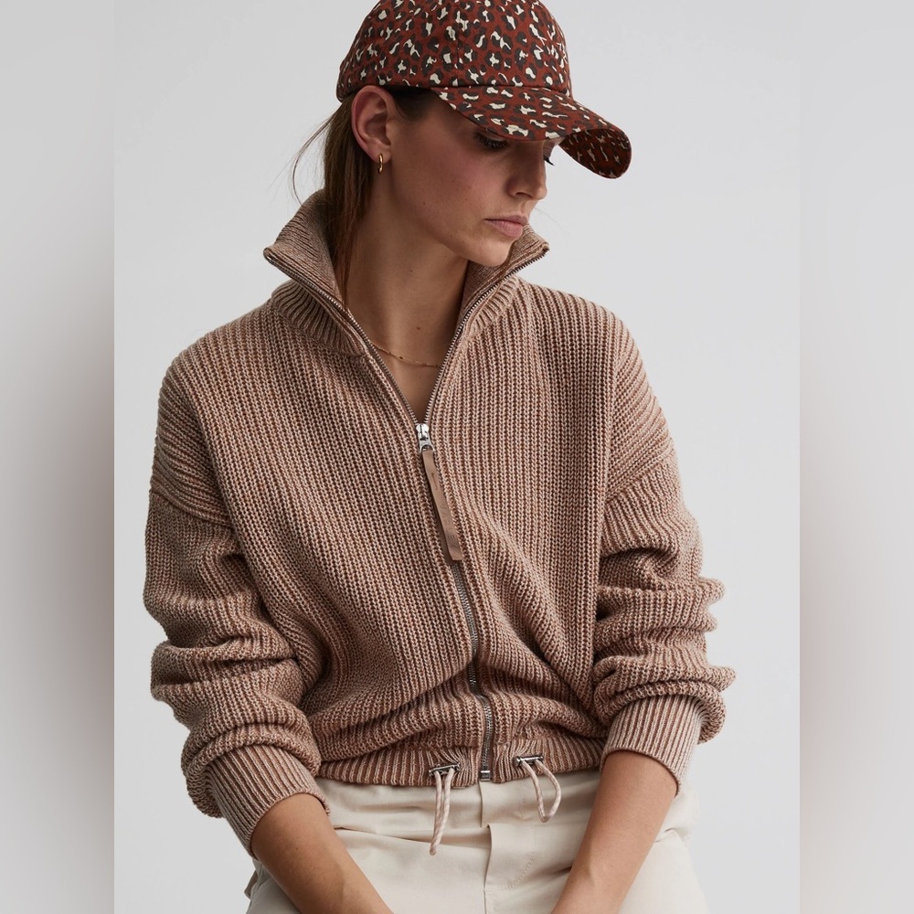 Varley Camel Knit Bomber Jacket- Anderson Zip Through